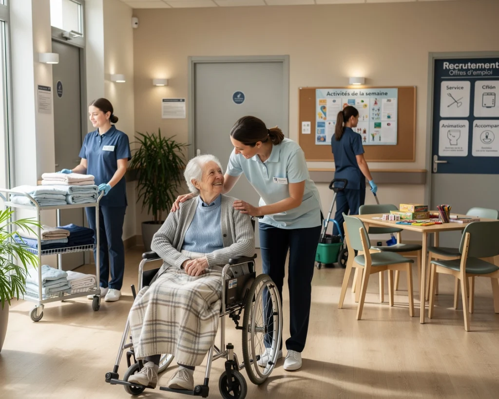 Une aide soignante aide une femme âgée en fauteuil roulant Une aide soignante aide une femme âgée en fauteuil roulant